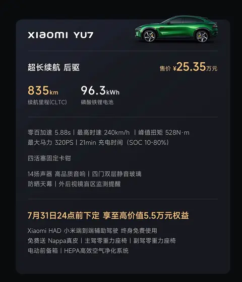小米YU7正式上市 售25.35万元起 享至高6.6万元购车权益
