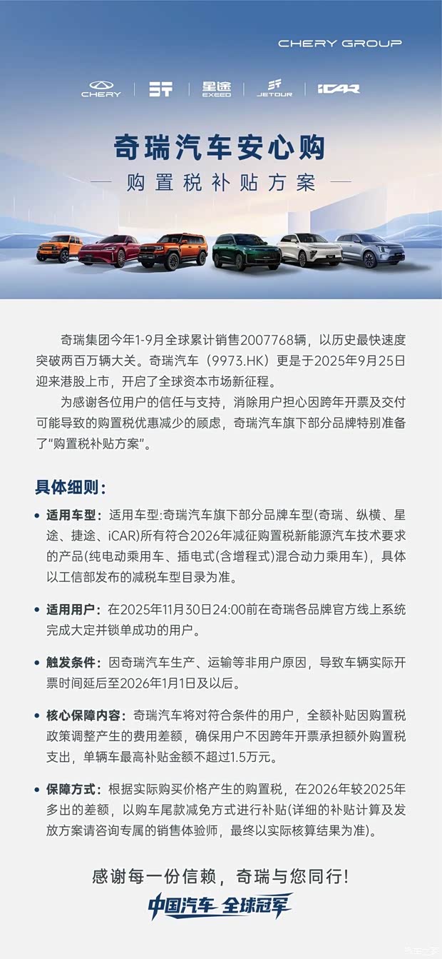 奇瑞推出跨年购置税补贴 涉及奇瑞/纵横/星途/捷途/iCAR